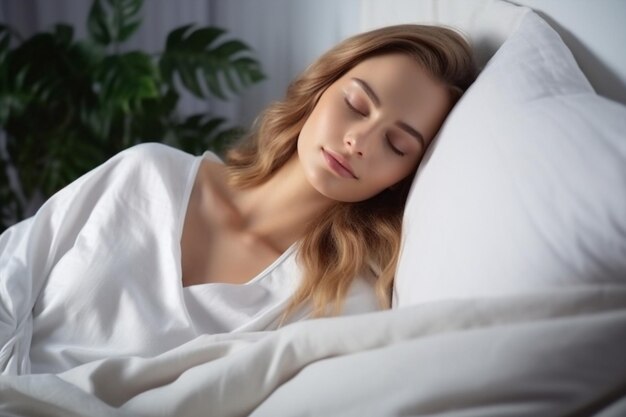 Dormire mattina sognando bellezza camera da letto persona orario di letto viso femminile cuscino riposo a casa giovane sdraiato attraente letto bianco rilassato dormire confortevole donne stanche