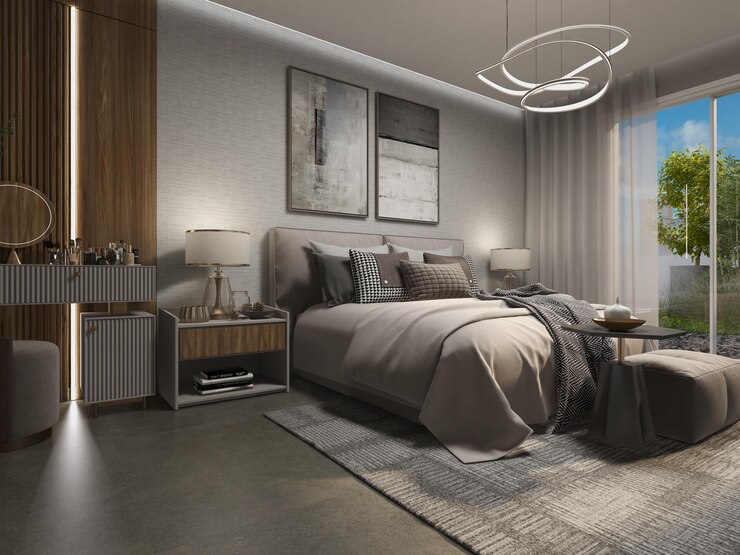 dormitorio de casa moderna con gran cama y zona de almacenaje