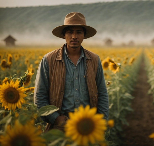 Dos Agricultores en Niebla Matutina en Campo de Girasoles en Floracion con Luz Dorada Creando Atmosf...