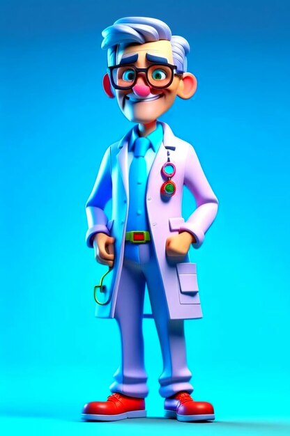 Dottor animato vivace e allegro su uno sfondo blu colorato divertente e divertente