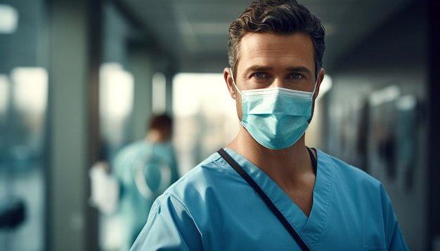 Dottore asiatico in uniforme blu, cappotto medico bianco, stetoscopio.