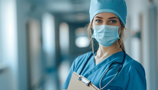 Dottore con un berretto e una maschera che tiene una cartella in mano sullo sfondo di un ospedale luminoso