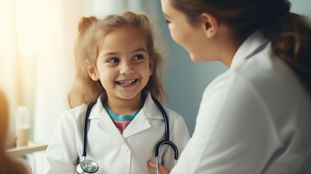 Dottore con uno stetoscopio per una bambina sorridente felice