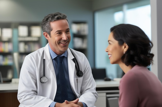 Dottore con uno stetoscopio vestito da professionista che discute le opzioni di trattamento con una donna matura in un ufficio medico con un sorriso