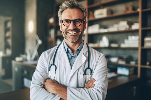 Dottore di sesso maschile in camice bianco con stetoscopio Mezzo busto Studente di medicina Lavoratrice ospedaliera guardando la fotocamera e sorridente