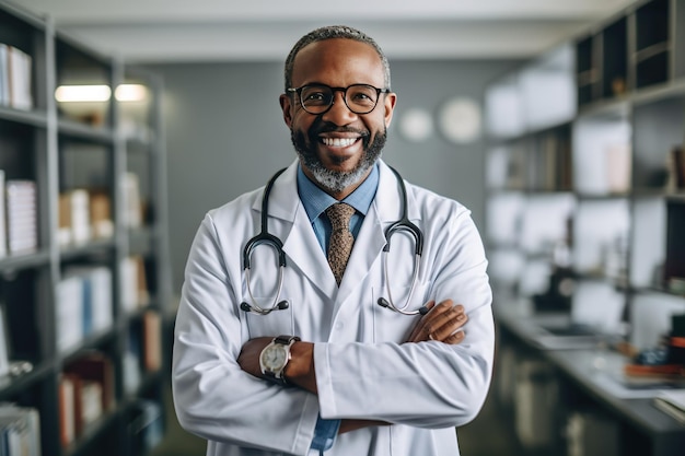 Dottore di sesso maschile in camice bianco con stetoscopio Mezzo busto Studente di medicina Lavoratrice ospedaliera guardando la fotocamera e sorridente