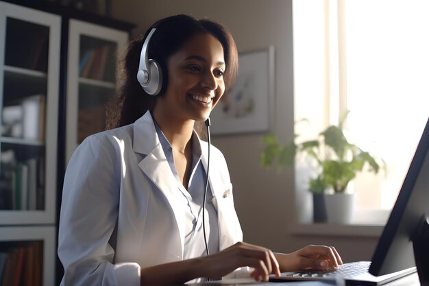 Dottore donna che parla con un paziente online sullo schermo del computer seduta alla scrivania dell'ufficio della clinica che fornisce consulenza online per il trattamento della salute domestica Telemedicina appuntamento medico remoto