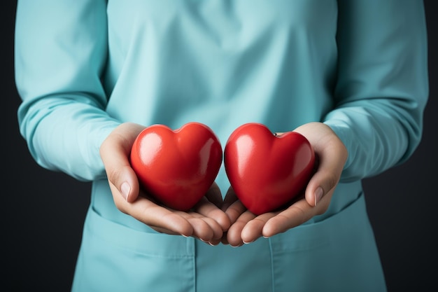 Dottore donna con una giacca di uniforme medica con un cuore rosso nelle mani concetto di assistenza sanitaria