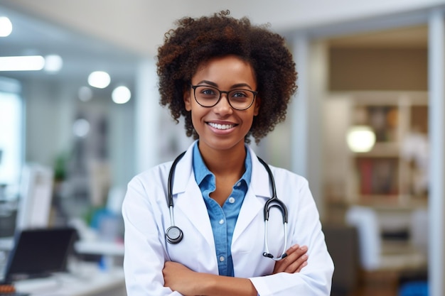 Dottore donna nera sorridente con lo stetoscopio con il braccio incrociato