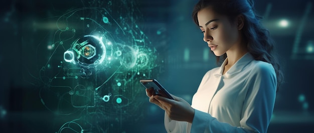 Dottore donna su sfondo futuristico verde scuro con simboli di DNA medicinale AI generativa