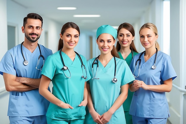 Dottore e assistenti infermieri e gruppo di assistenza medica squadra ospedaliera lavoratori amichevoli e premurosi