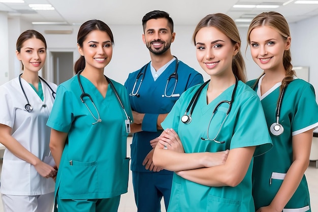 Dottore e assistenti infermieri e gruppo di assistenza medica squadra ospedaliera lavoratori amichevoli e premurosi