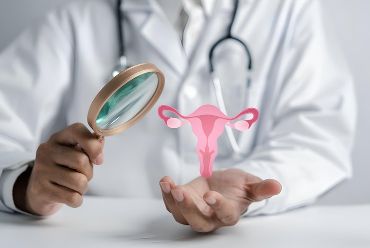 Dottore in abito bianco controllo dell'utero sistema riproduttivo salute femminile PCOS trattamento del cancro all'ovaio ed esaminare femminile sano