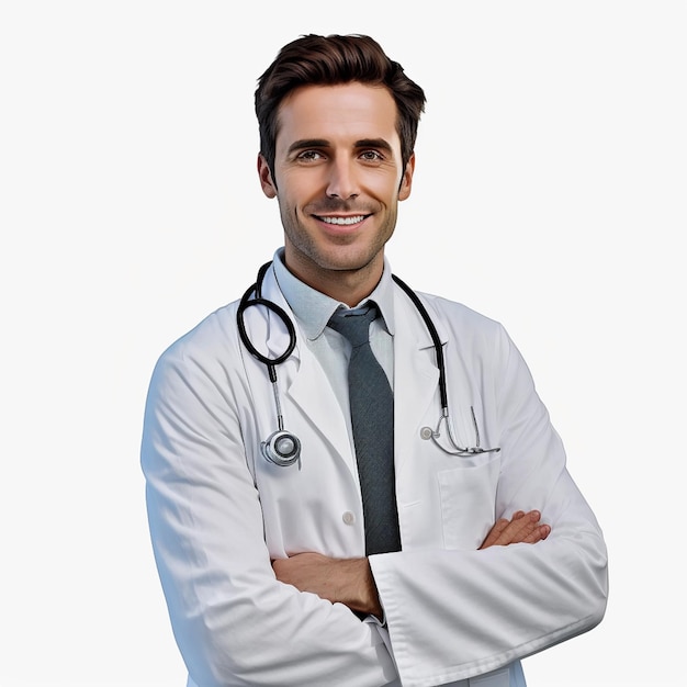 Dottore in camice bianco da laboratorio con uno stetoscopio sul collo sta con le braccia incrociate foto