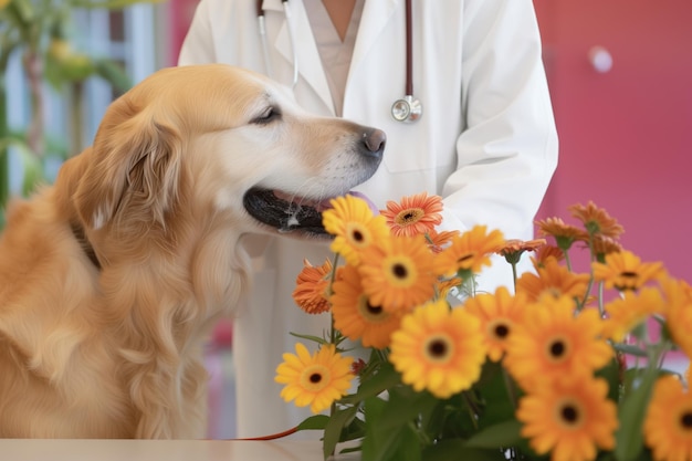 Dottore in cappotto bianco con una faccia di golden retriever gerbera margherite