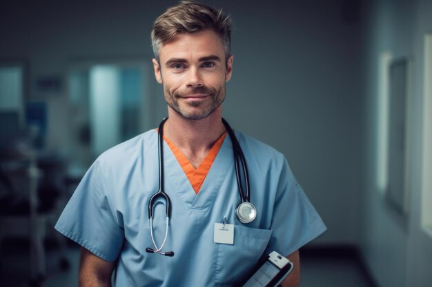 Dottore in uniforme che lavora nella clinica AI