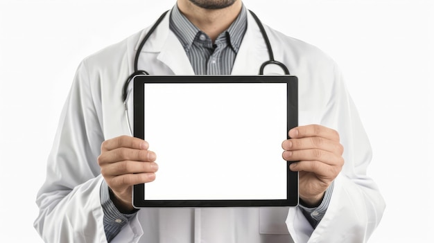 Dottore maschio con un tablet digitale vuoto isolato su sfondo bianco con percorso di ritaglio per lo schermo