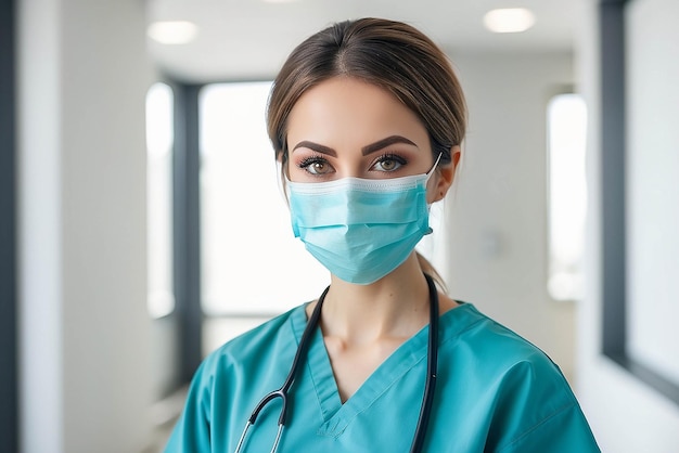 Dottore medico professionista che lavora in un ufficio ospedaliero Ritratto di giovane e attraente medico donna con maschera protettiva