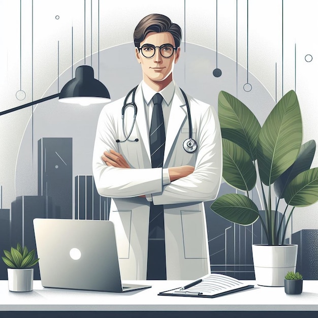 Dottore professionista in ufficio clinico illustrazione di poster di banner medico