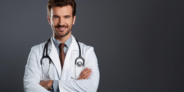 Dottore sorridente che posa con le braccia incrociate medico generale professionista