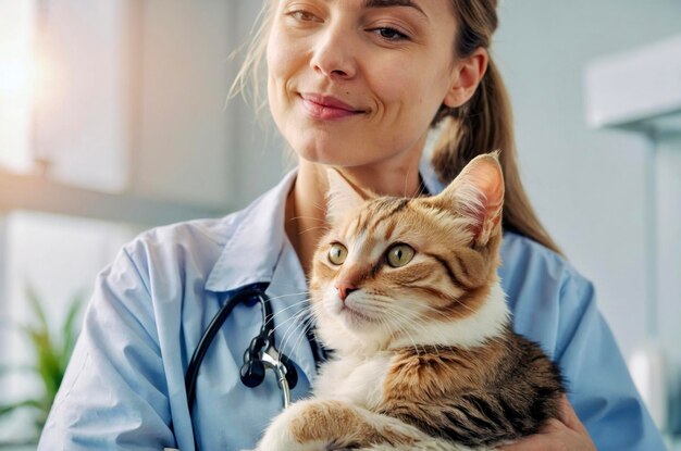 Dottore veterinario femminile sorridente che tiene in braccio un gatto carino sullo sfondo di una clinica veterinaria