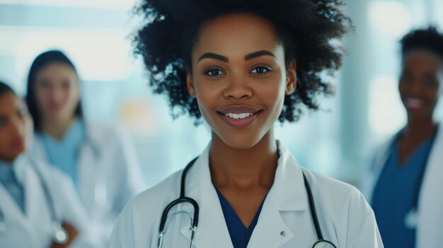 Dottoressa afroamericana sicura di sé in uniforme medico