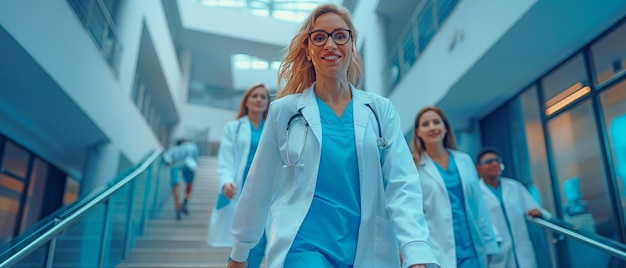 Dottoressa anziana che parla con i colleghi da un punto di vista basso mentre scende le scale dell'ospedale