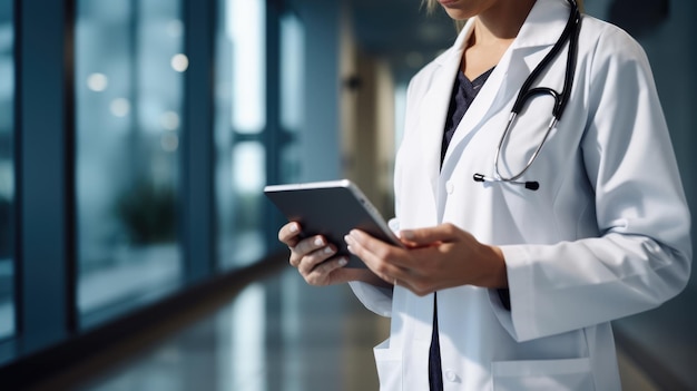Dottoressa che utilizza il tablet su sfondo ospedaliero sfocato Creato con la tecnologia AI generativa