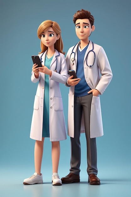 Dottoressa e medico di sesso maschile in piedi con il personaggio dei cartoni animati dell'illustrazione 3d dello smartphone