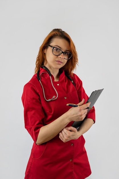 Dottoressa in uniforme rosso o assistente medica tiene il blocco isolato