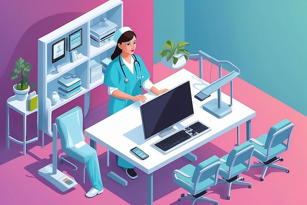 Dottoressa o infermiera cartone animato persone isometriche computer per la tecnologia ospedaliera illustrazione vettoriale del concetto di assistenza sanitaria