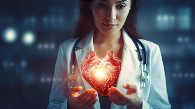 Dottoressa pietra di riferimento cuore virtuale in mano organi umani disegnati a mano evidenziato in rosso è un simbolo del concetto di trattamento ospedaliero della malattia