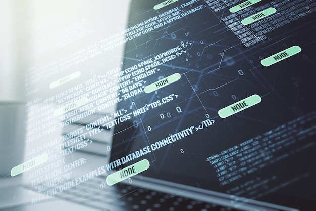 Double exposure of abstract creative programming illustration on computer background big data and blockchain concept