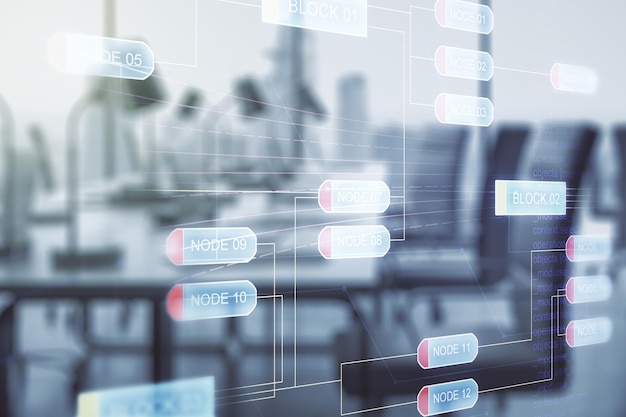 Double exposure of abstract programming language interface on modern corporate office background research and development concept