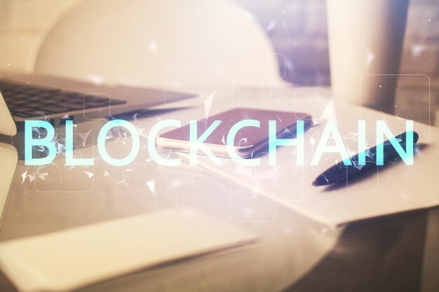 Double exposure of blockchain theme drawing and cell phone background Concept of cryptomarket