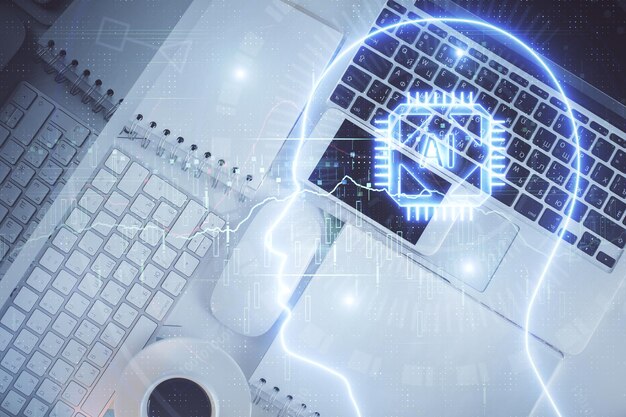 double exposure of brain drawing hologram over topview work table background with computer concept of big data