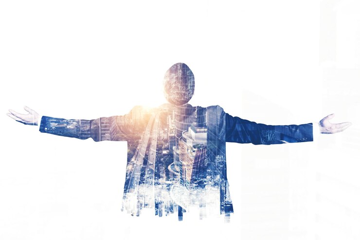 Double exposure of businessman stretching arms