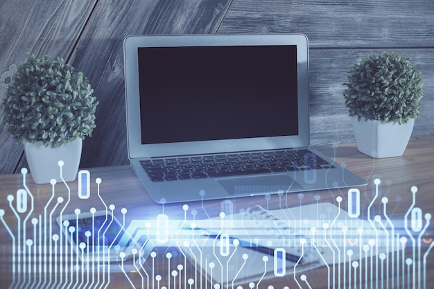 Double exposure of computer and technology theme hud Concept of innovation