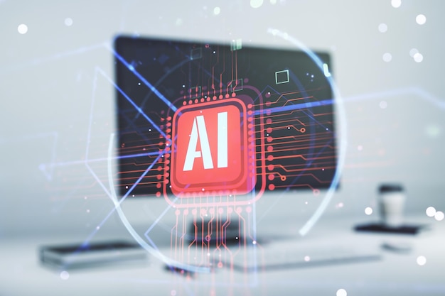 double exposure of creative artificial intelligence abbreviation with computer on background future technology and ai concept