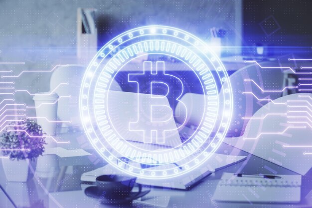 Double exposure of crypto technology theme drawing and office interior background Concept of blockchain