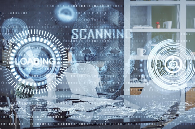 Double exposure of data theme drawing and office interior background Concept of technology