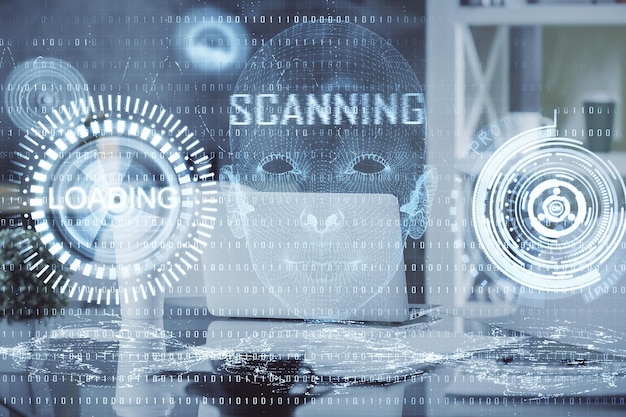 Double exposure of data theme drawing and office interior background Concept of technology