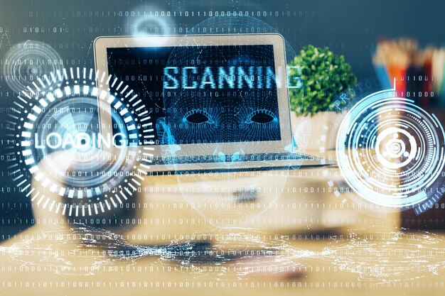 Double exposure of desktop computer and technology theme hologram Concept of software development