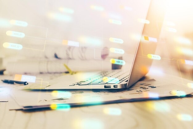 Double exposure of desktop with personal computer on background and tech theme drawing Concept of data analysis