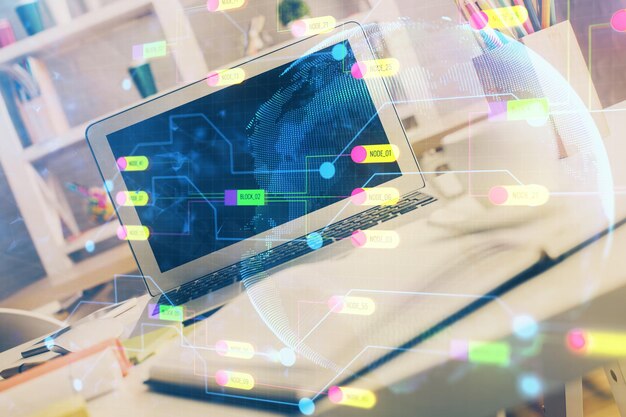 Double exposure of desktop with personal computer on background and tech theme drawing Concept of data analysis