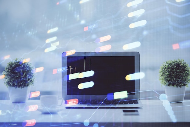 Double exposure of table with computer on background and data theme drawing Concept of innovation