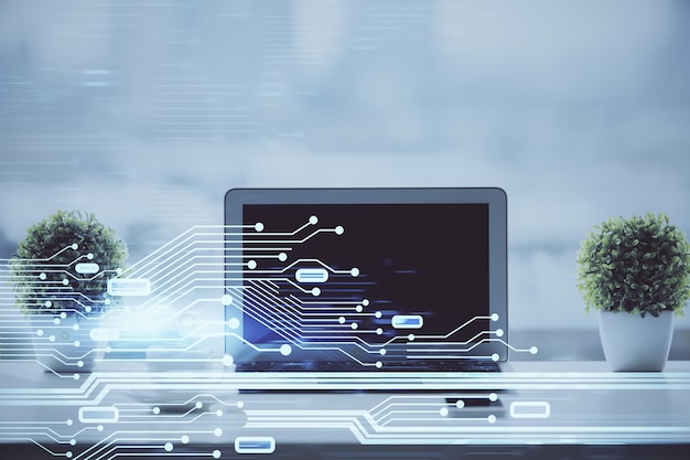 double exposure of table with computer on background and data theme drawing concept of innovation