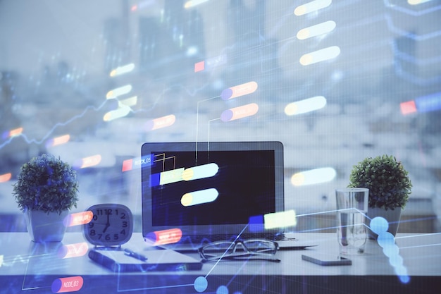 Double exposure of table with computer on background and data theme drawing Concept of innovation