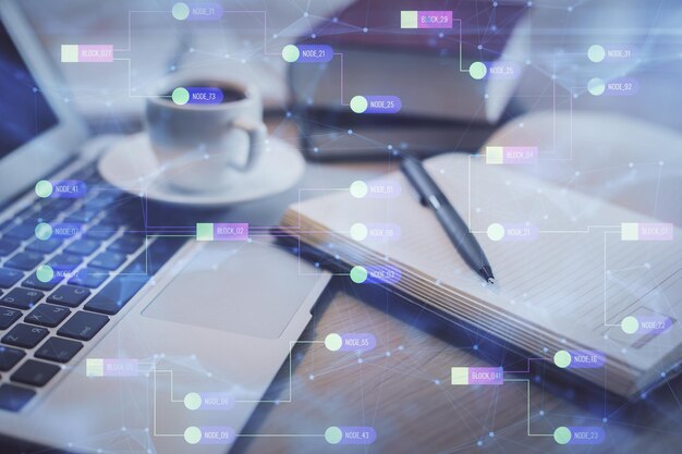 Double exposure of technology theme drawing and desktop with coffee and items on table background Concept of data research
