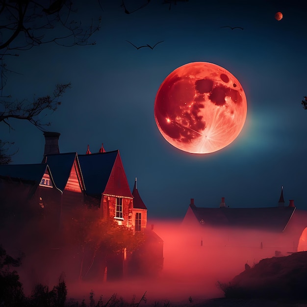 Download gratuito di una notte nebbiosa spettrale oscura su un villaggio fantastico con la luna rossa nel cielo
